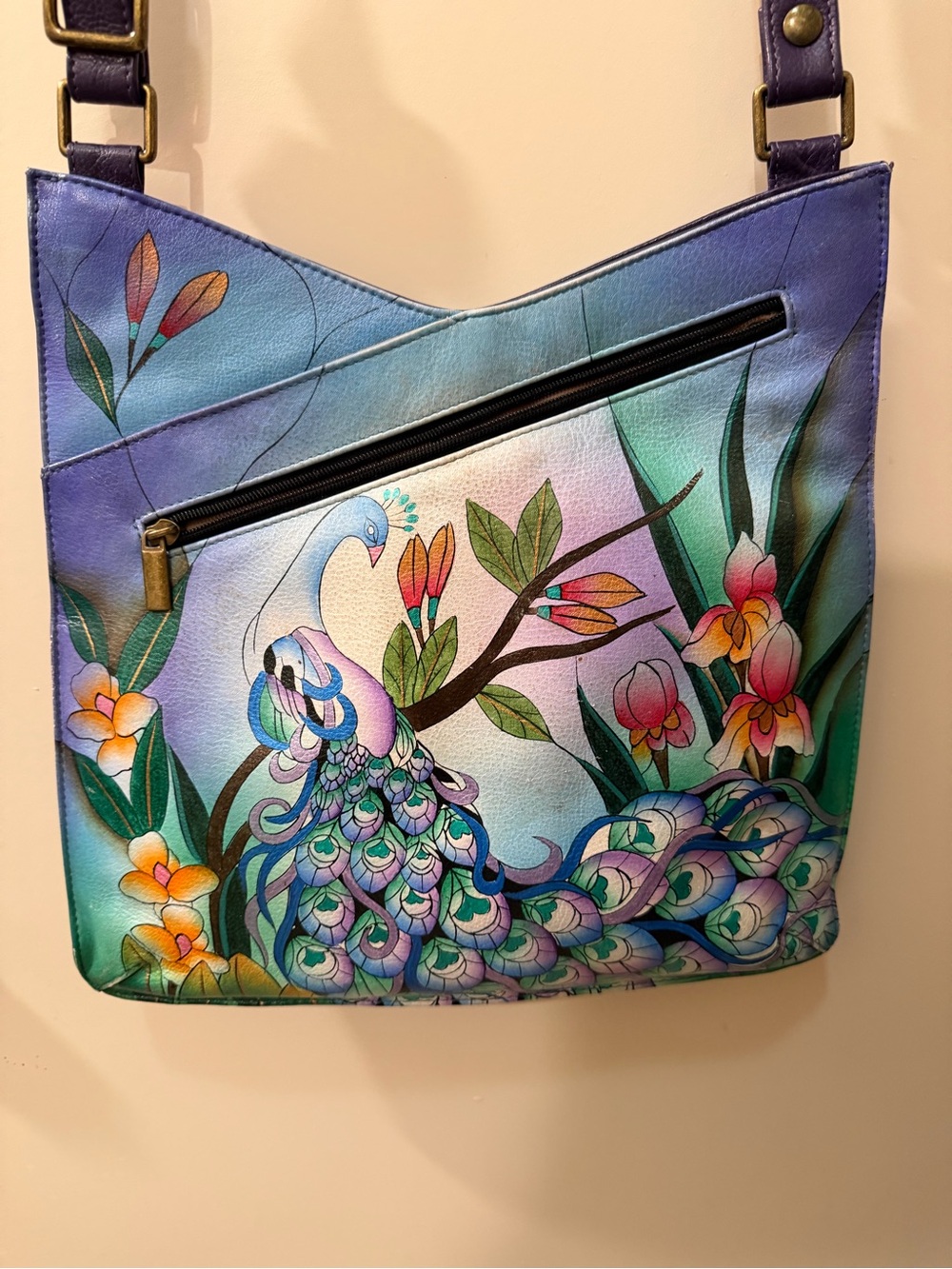 Anuschka Hand-Painted Peacock Crossbody in Blue, Purple, Green